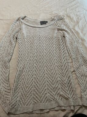 Openwork Chevron Knit Scoop-Neck Sweater - Cream